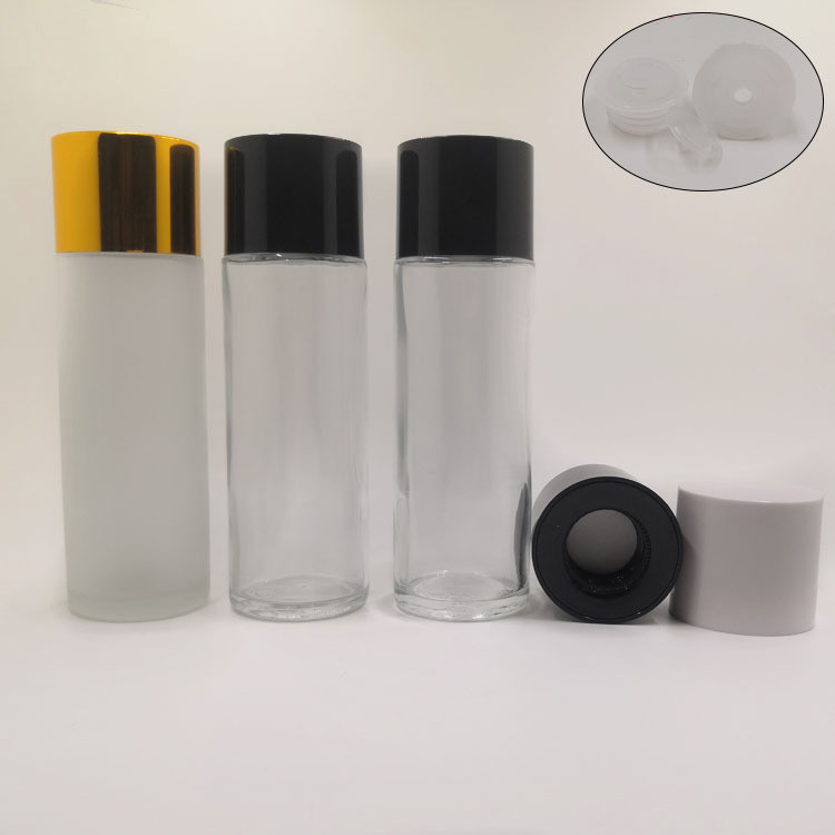80ml 100ml150ml transparent/frosted straight round toner glass bottle with matte silver/shiny silver/black/white/gold color caps