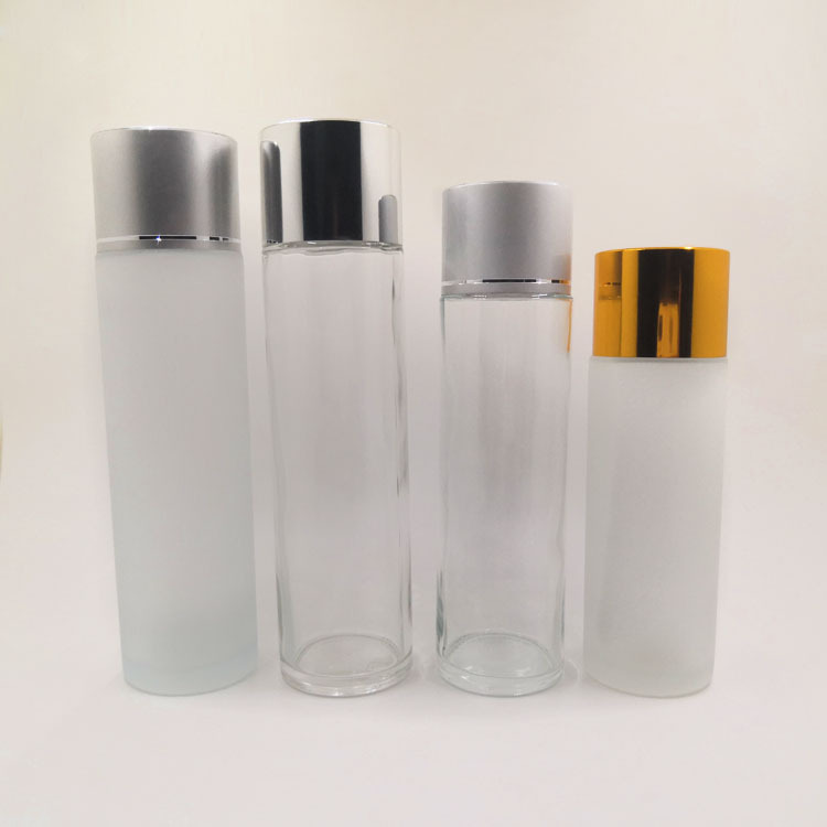 80ml 100ml150ml transparent/frosted straight round toner glass bottle with matte silver/shiny silver/black/white/gold color caps
