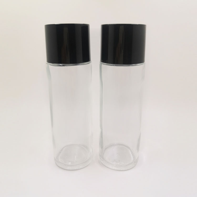 80ml 100ml150ml transparent/frosted straight round toner glass bottle with matte silver/shiny silver/black/white/gold color caps