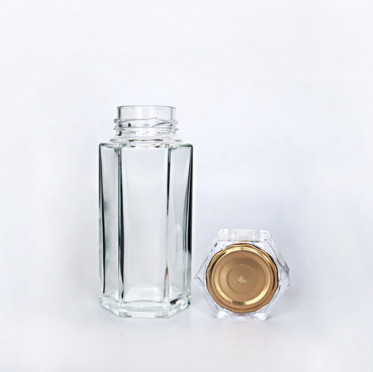 80ml 120ml 250ml Unique Hexagonal Glass Jars with Screw Lids and Plastic Cover for Juice Honey Popular Packaging Containers