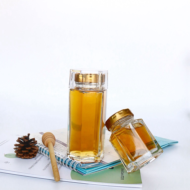 80ml 120ml 250ml Unique Hexagonal Glass Jars with Screw Lids and Plastic Cover for Juice Honey Popular Packaging Containers