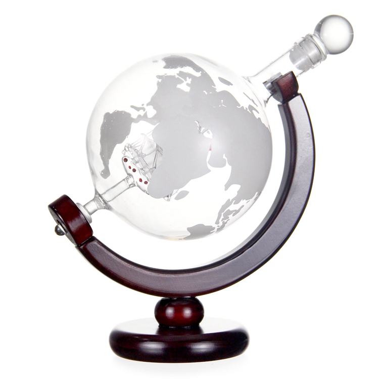850ML Glass Globe Decanter With Ship Design Inside Bottle With Wooden Base