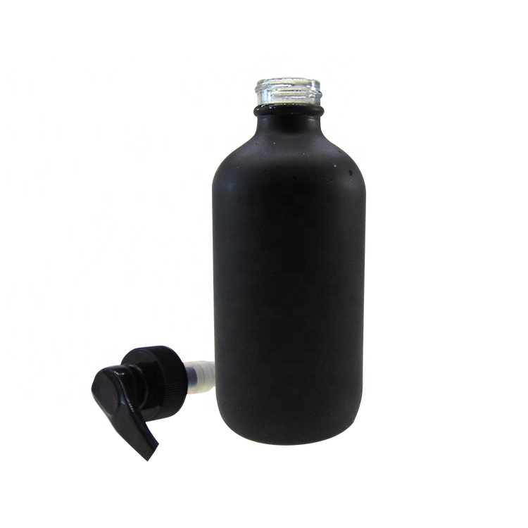 8OZ 250ml Custom Round Boston Matte Black Glass Bottle with Plastic Pump