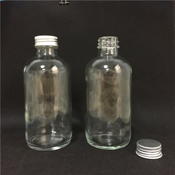 8OZ Empty Clear Boston Round Glass Bottle With Silver Aluminum Screw Cap