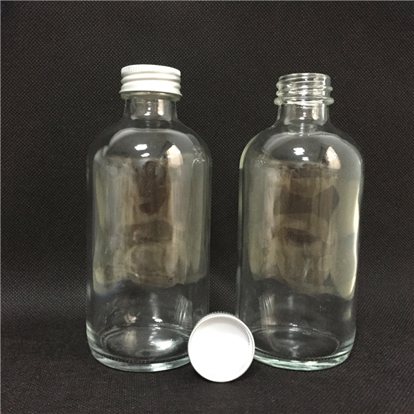 8OZ Empty Clear Boston Round Glass Bottle With Silver Aluminum Screw Cap