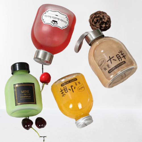 8OZ Milk shake  milk tea juice  cute round clear  beautiful beverage glass bottles with black plastic cap