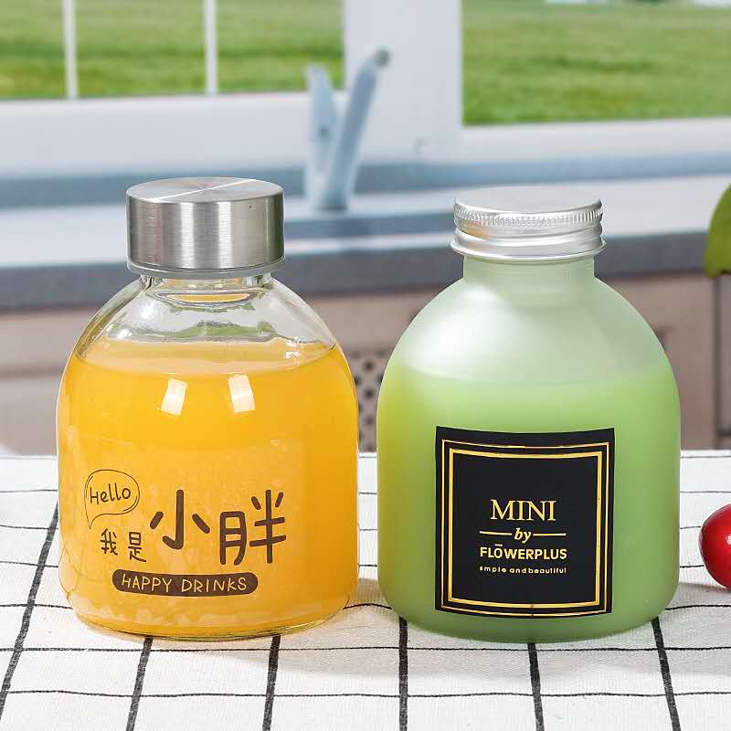 8OZ Milk shake milk tea juice cute round clear beautiful beverage glass bottles with black plastic cap