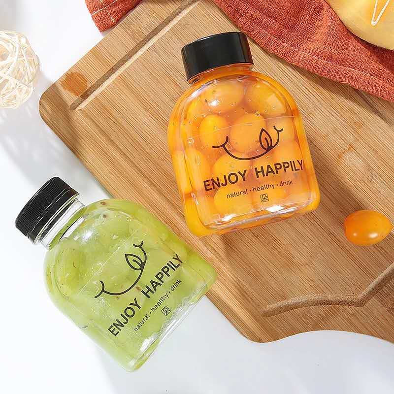 8OZ Milk shake milk tea juice cute round clear beautiful beverage glass bottles with black plastic cap