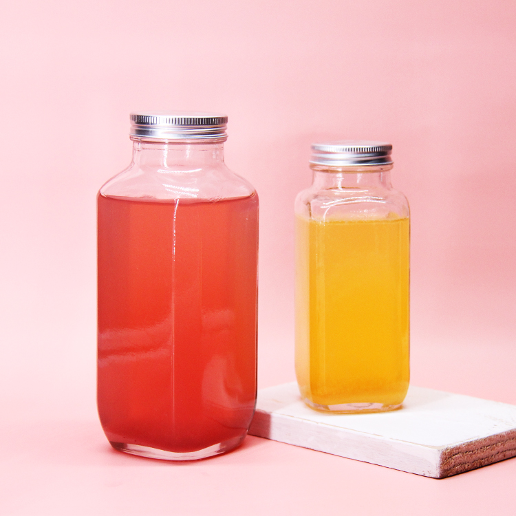 8Oz 12Oz 16Oz French Square Glass Juice Bottle With Plastic Lids