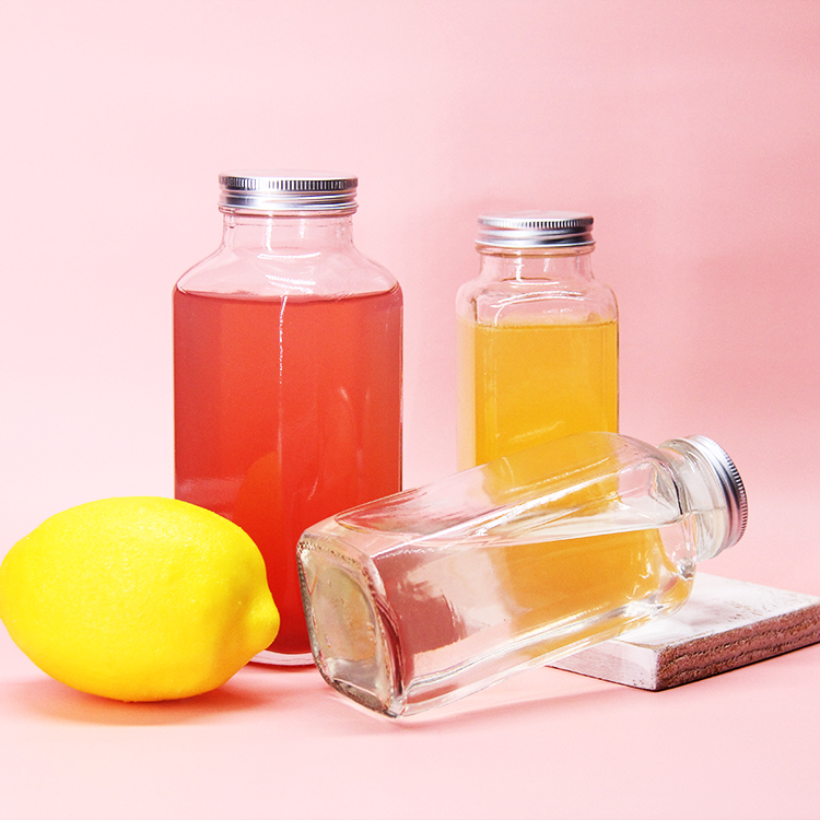 8Oz 12Oz 16Oz French Square Glass Juice Bottle With Plastic Lids