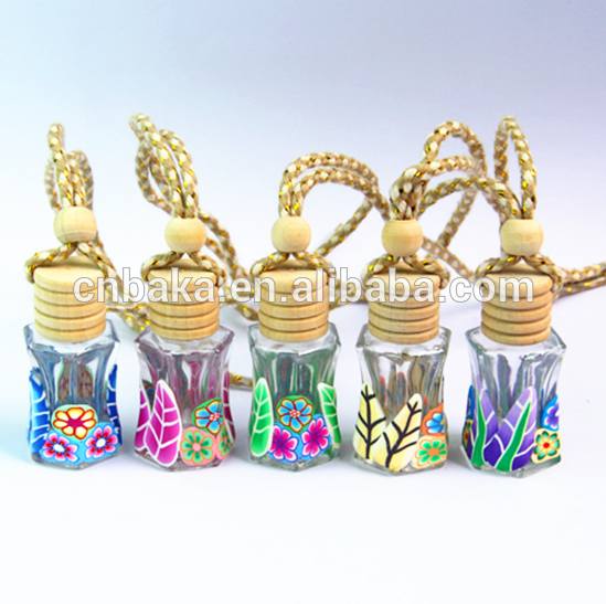 8ml Belted hexagon Soft Ceramics Coated Wood Lid Glass Oil Diffuser Hanging Car Perfume Bottle,personal perfume glass bottle