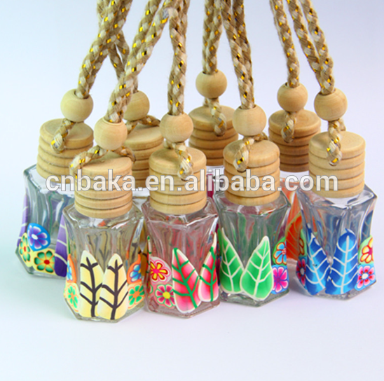 8ml Belted hexagon Soft Ceramics Coated Wood Lid Glass Oil Diffuser Hanging Car Perfume Bottle,personal perfume glass bottle