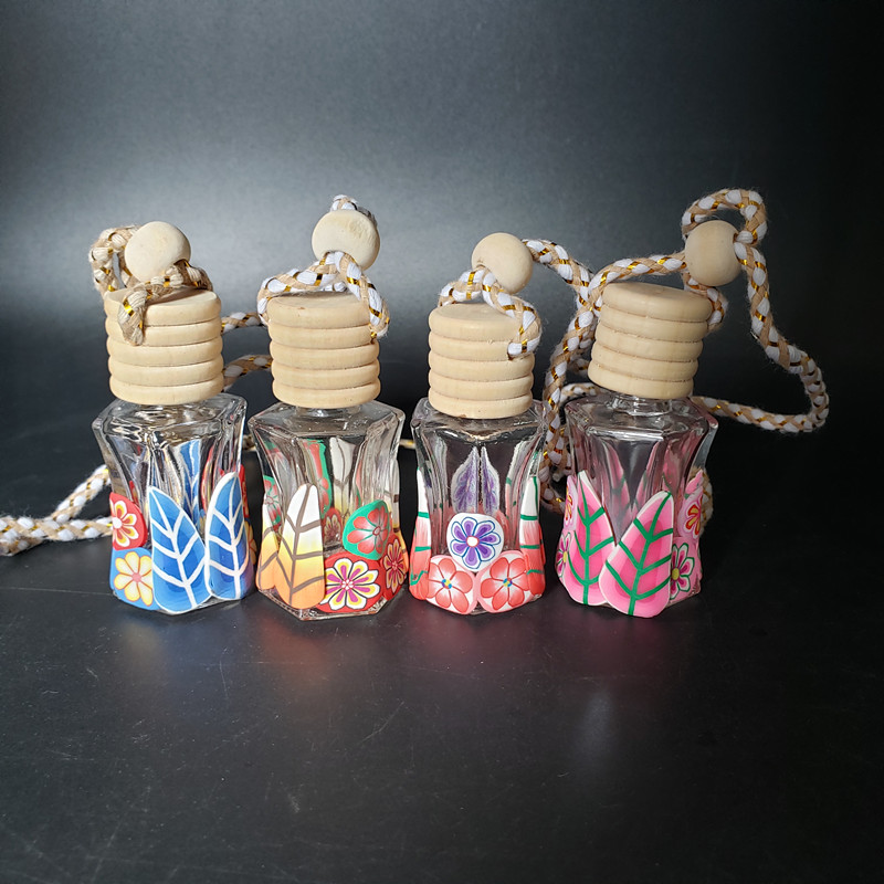 8ml Belted hexagon Soft Ceramics Coated Wood Lid Glass Oil Diffuser Hanging Car Perfume Bottle,personal perfume glass bottle