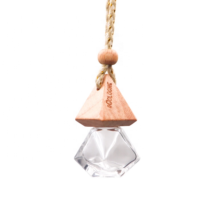 8ml Diamond Shape Refillable Air Freshener Car Hanging Glass Perfume Diffuser Bottle With Wooden Cap