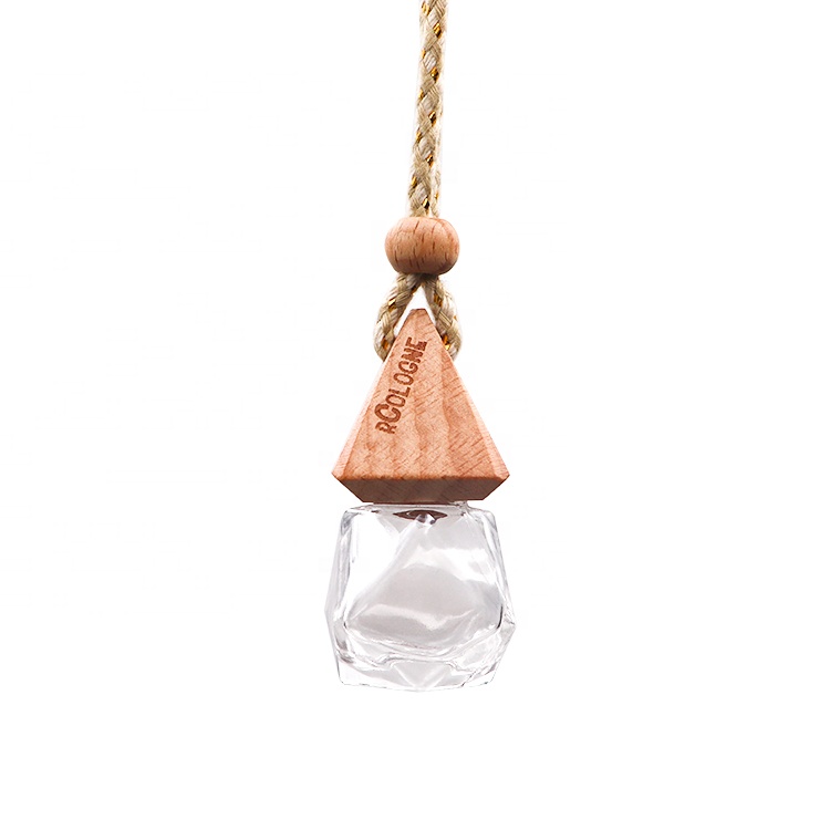 8ml Diamond Shape Refillable Air Freshener Car Hanging Glass Perfume Diffuser Bottle With Wooden Cap