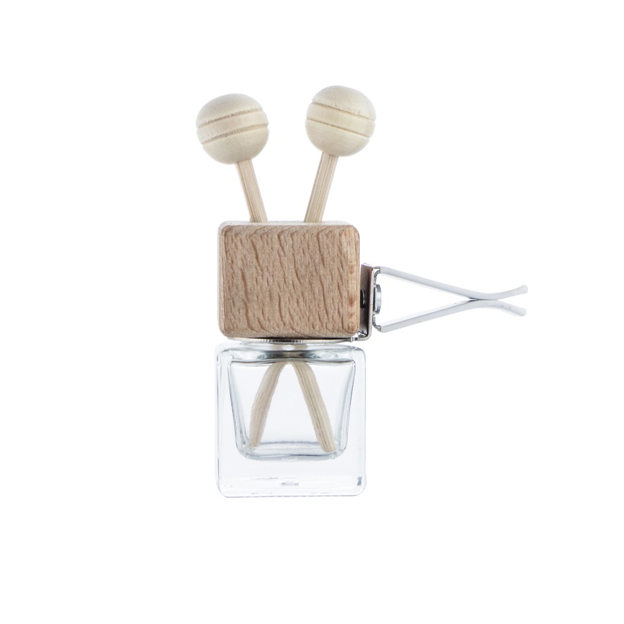 8ml Square Shape Car Vent Glass Bottle With Wooden Cap Diffuser Sticks And Metal Clip Mini Table Diffuer Bottle