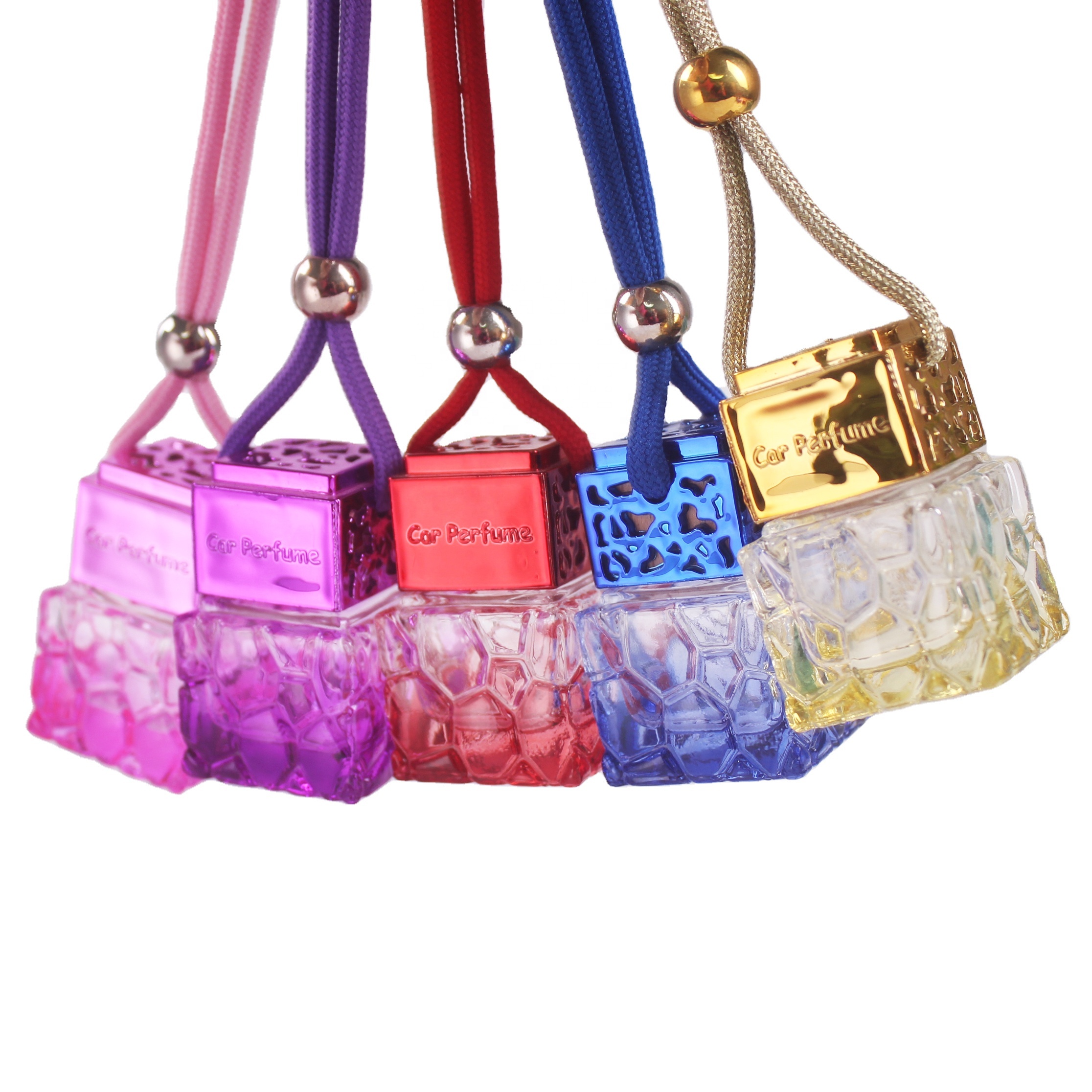 8ml Tinted honeycomb shape parfume bottle gold pink blue car perfume bottle hanging car air aroma diffuser