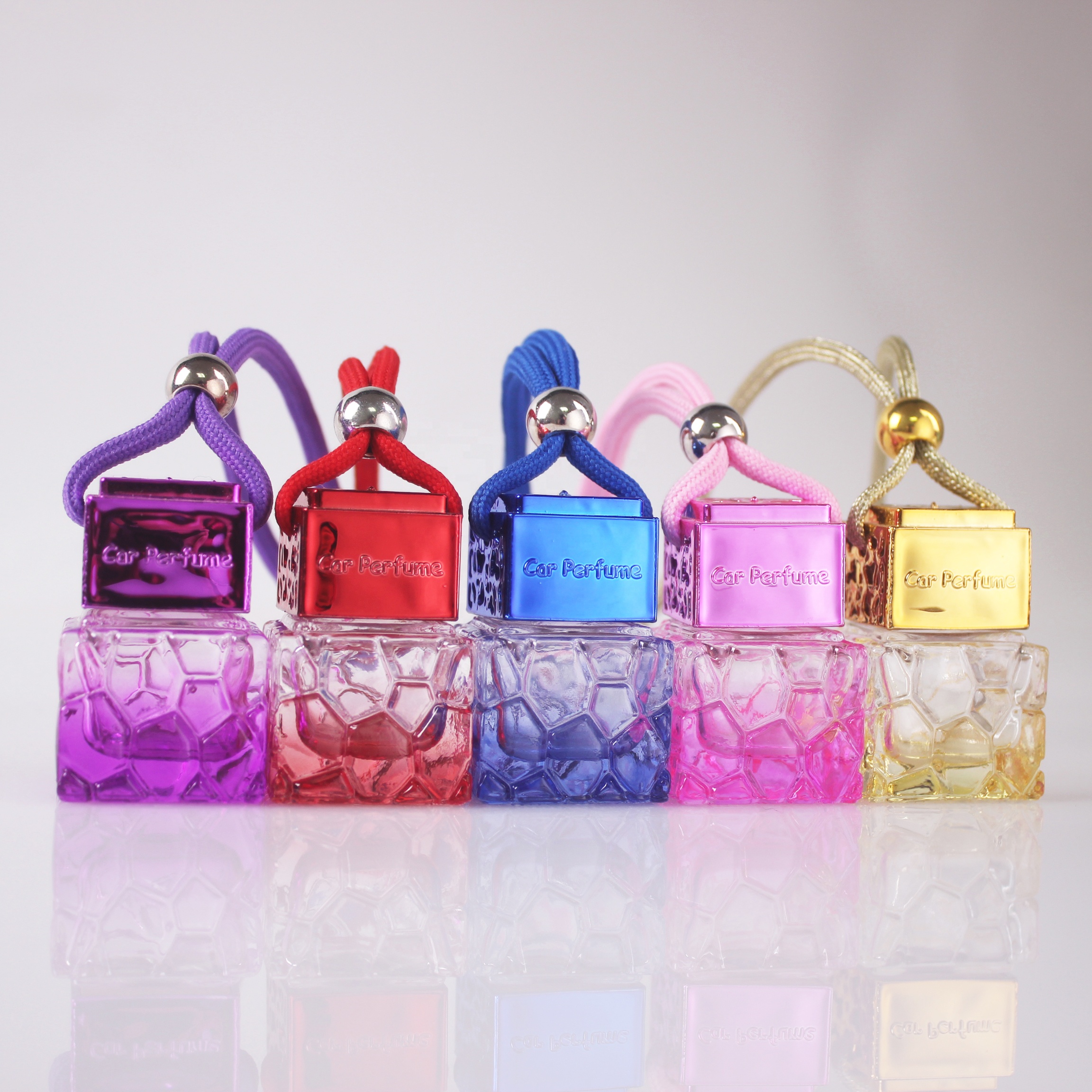 8ml Tinted honeycomb shape parfume bottle gold pink blue car perfume bottle hanging car air aroma diffuser