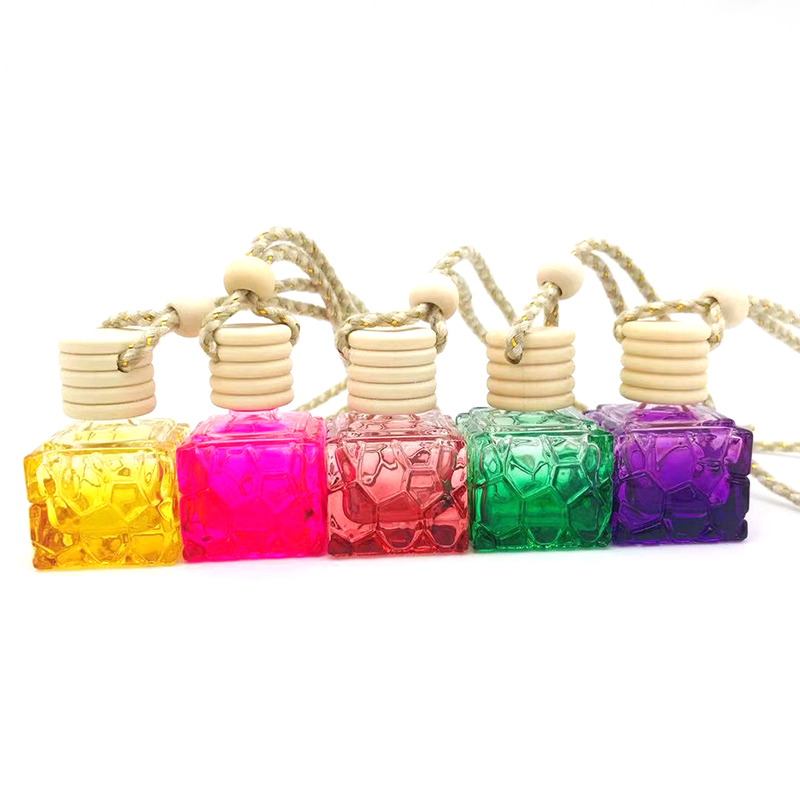 8ml colorful squared car hanging refillable perfume oil diffuer glass bottle with wooden lid