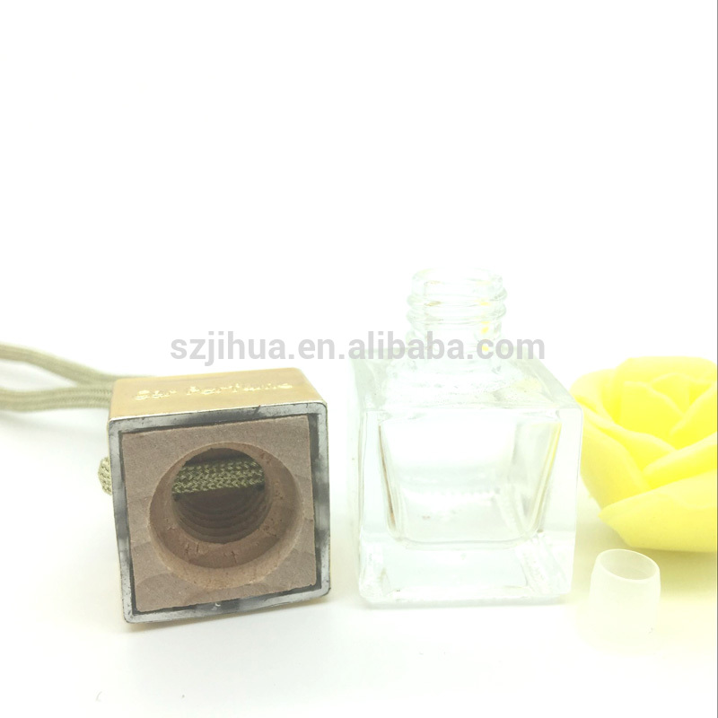 8ml square car perfume bottle empty glass bottle rope wooden cover air fresher