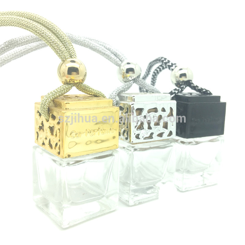 8ml square car perfume bottle empty glass bottle rope wooden cover air fresher