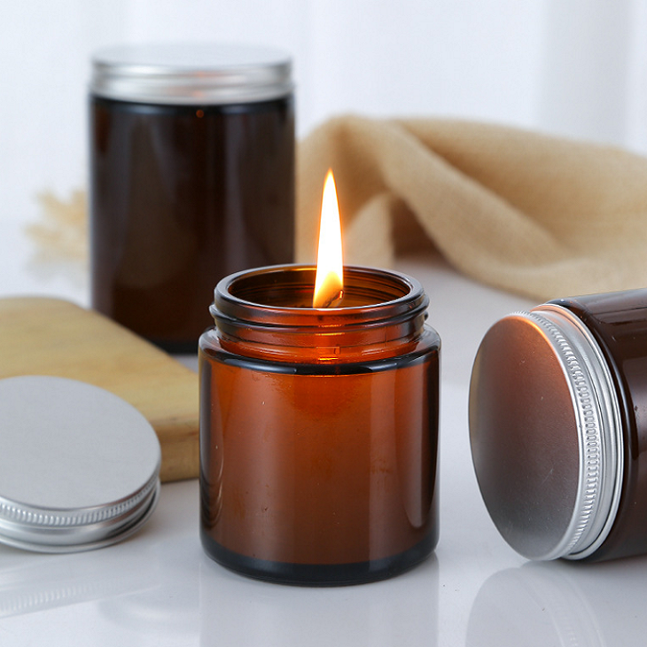 8oz 10oz 12oz luxury empty amber glass candle jars with metal lid