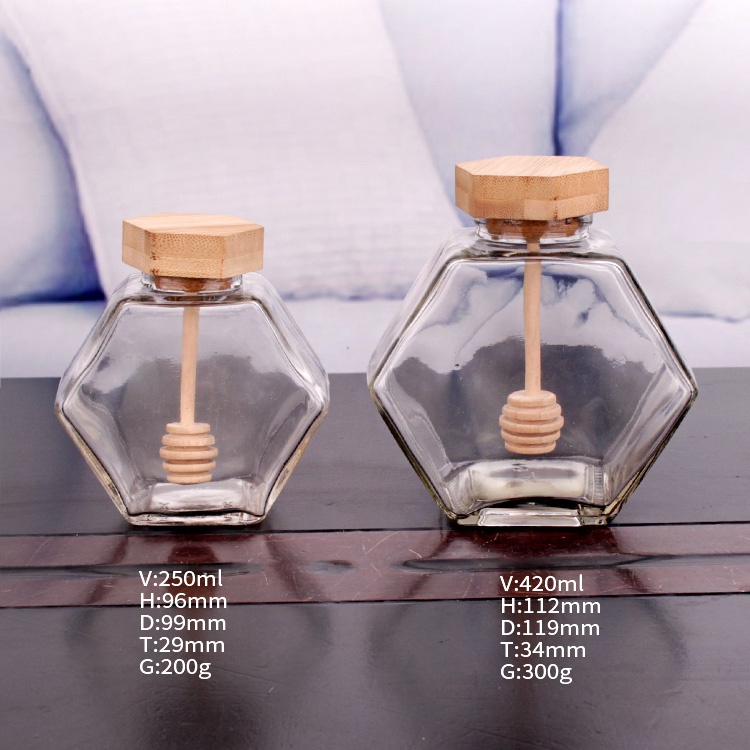 8oz 14oz Hexagon Honey Pot Glass Honey Jar with Wooden Dipper and Cork Lid