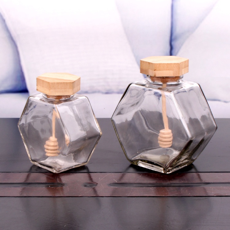 8oz 14oz Hexagon Honey Pot Glass Honey Jar with Wooden Dipper and Cork Lid