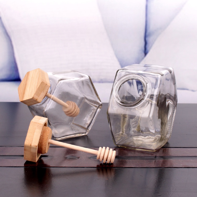 8oz 14oz Hexagon Honey Pot Glass Honey Jar with Wooden Dipper and Cork Lid
