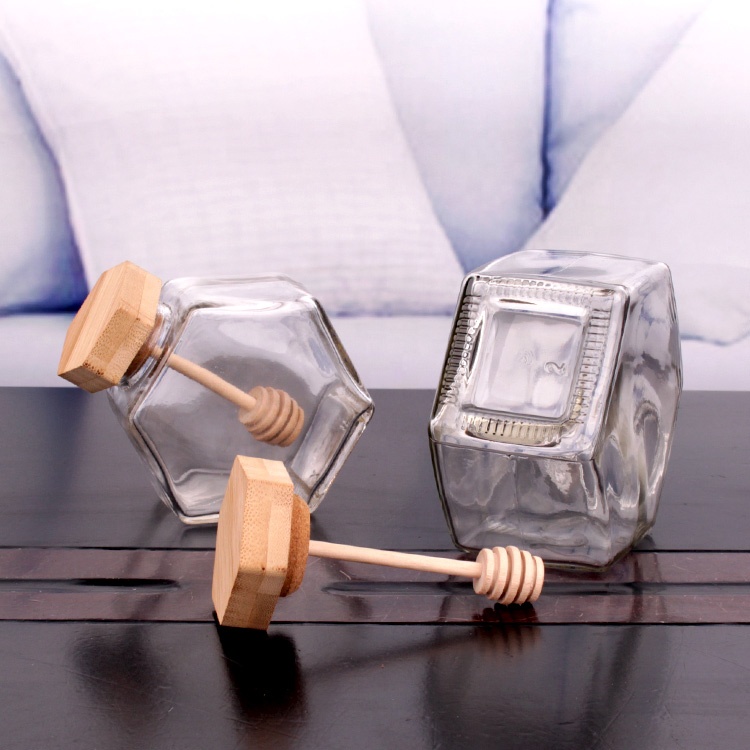 8oz 14oz Hexagon Honey Pot Glass Honey Jar with Wooden Dipper and Cork Lid