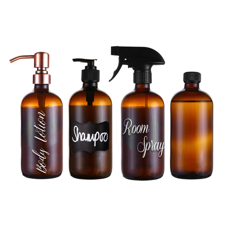 8oz 16oz 250ml 500ml Clear Amber Boston Round Glass  Lotion Soap Bottle with Black Pump Dispenser
