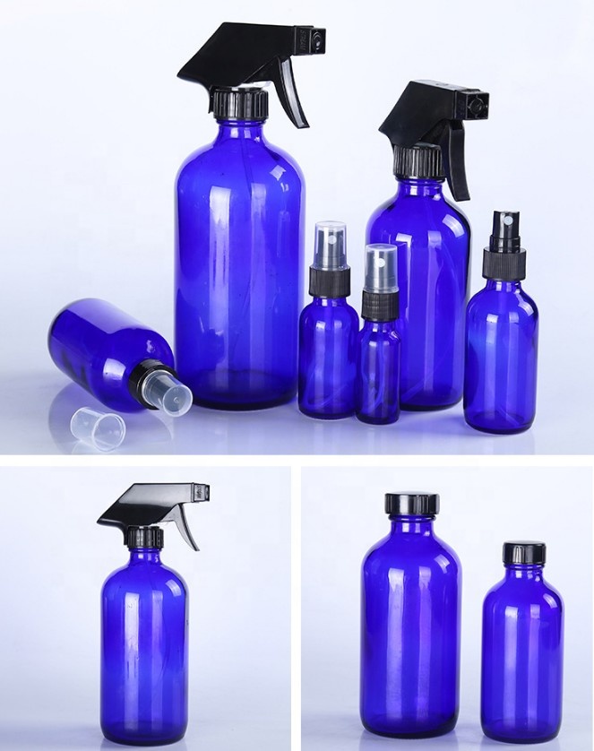 8oz 16oz 32oz cobalt blue Boston Round glass spray bottle for clearing solutions