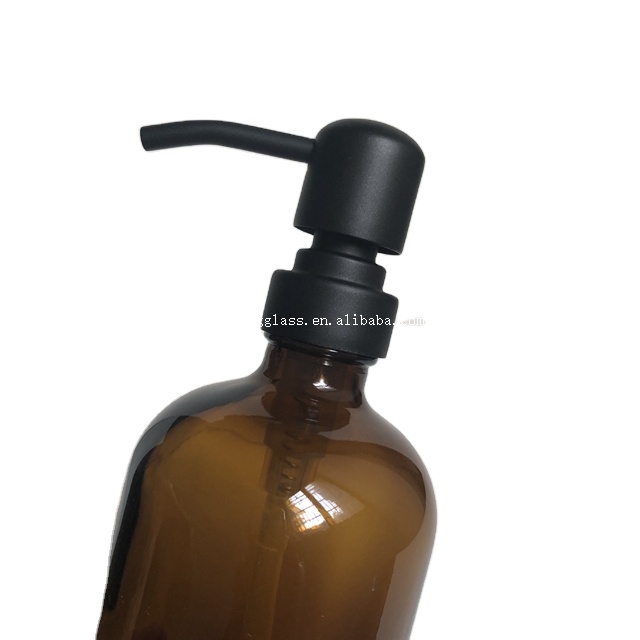 8oz 16oz 500ml Amber Clear Cobalt blue Glass Bottles with 28/400 lotion pump foaming Soap Dispenser stainless steel matte bronze