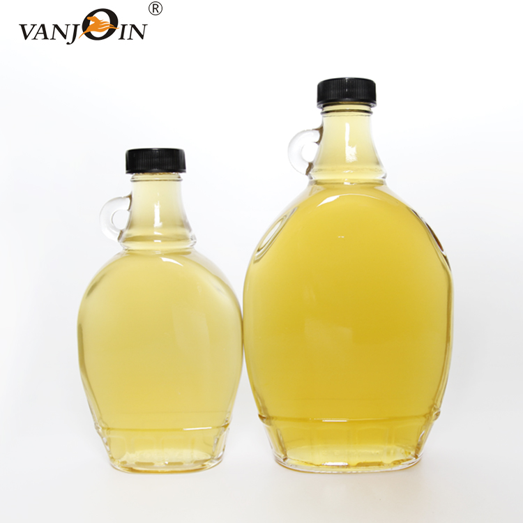 8oz 16oz Clear Glass  Maple Syrup Bottle Round Flat Juice  Bottle With Black Cap For Liquor Honey Bubble Tea