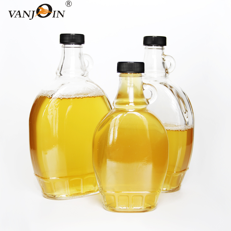 8oz 16oz Clear Glass Maple Syrup Bottle Round Flat Juice Bottle With Black Cap For Liquor Honey Bubble Tea