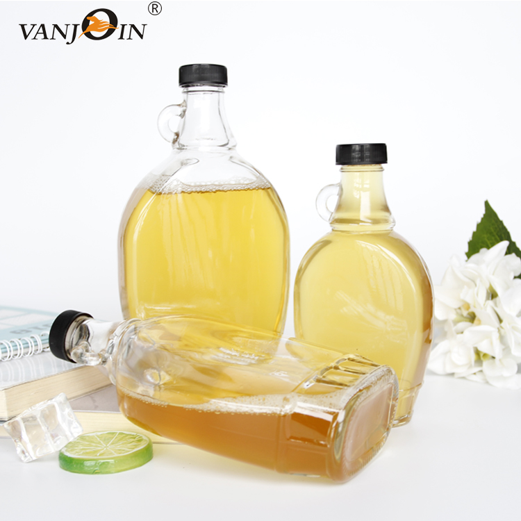 8oz 16oz Clear Glass Maple Syrup Bottle Round Flat Juice Bottle With Black Cap For Liquor Honey Bubble Tea