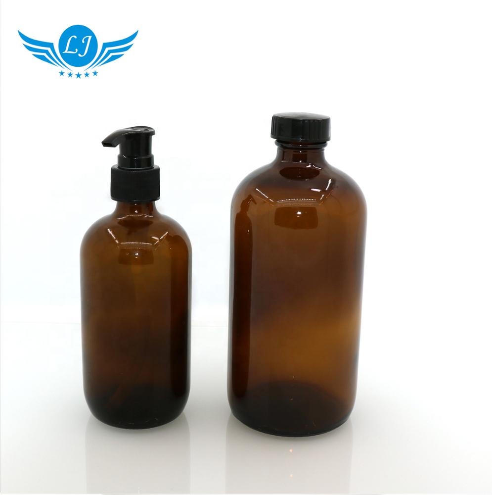 8oz 16oz Essential Oil Glass Bottle 250ml 500ml Boston Round Shampoo Bottle with Plastic Pump Sprayer for Liquid Soap bottle