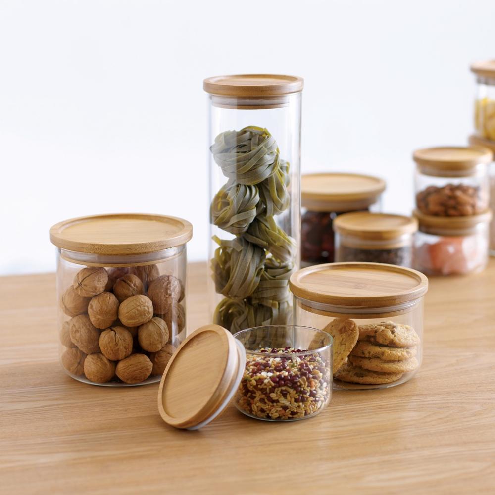 8oz 16oz custom screen printed logo clear round storage glass jar with bamboo lid