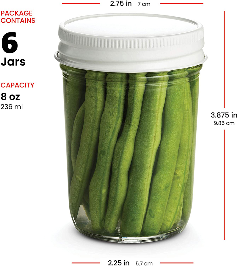 8oz 240ml Clear Glass Canning Mason Jars Regular Mouth with White Metal Caps