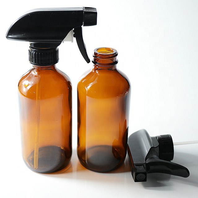 8oz 250ml Amber Boston Round Glass Spray Bottles With Trigger Sprayer