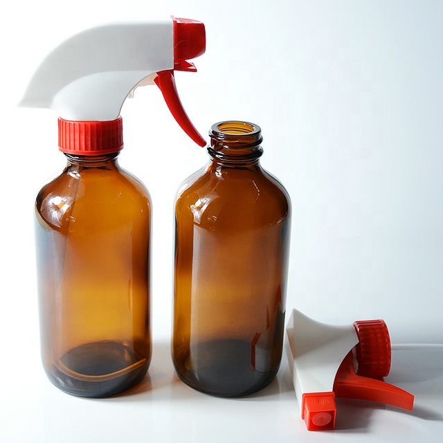 8oz 250ml Amber Boston Round Glass Spray Bottles With Trigger Sprayer
