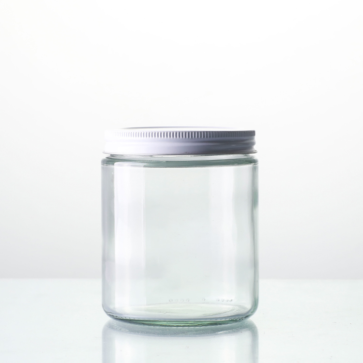 8oz 9oz Cleae Empty Round Wide Mouth Straight Sided Glass Jar With White Metal Lids