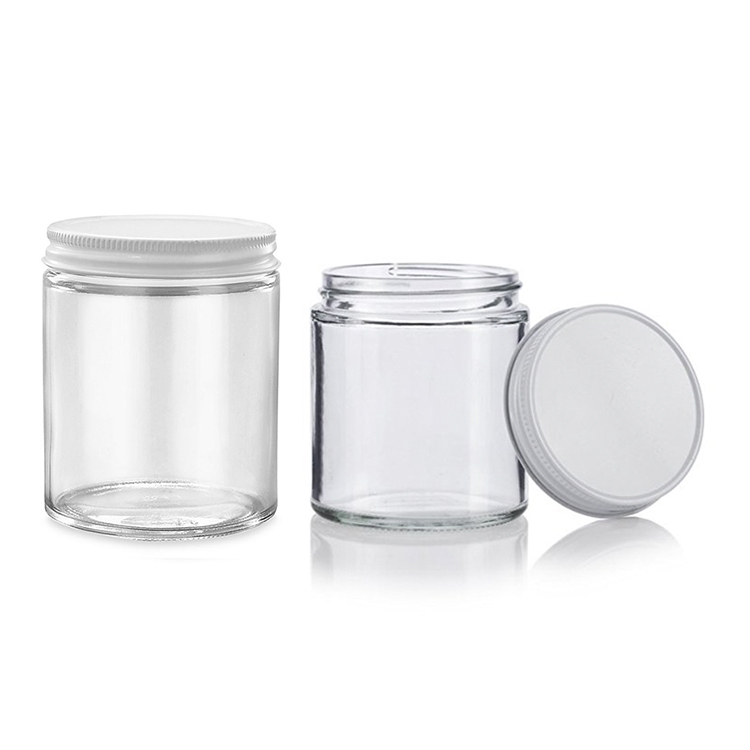 8oz 9oz Cleae Empty Round Wide Mouth Straight Sided Glass Jar With White Metal Lids