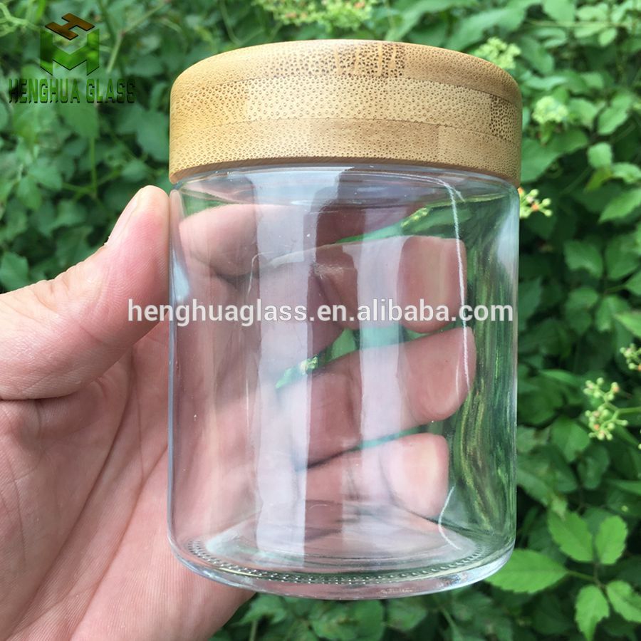 8oz Wide mouth CBD glass storage jar pill capsule bottles 240ml Herbs jar with child proof bamboo wood lid cap