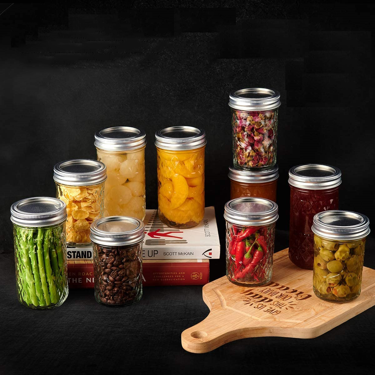 8oz diamond embossing wide mouth glass jam jar with metal lid