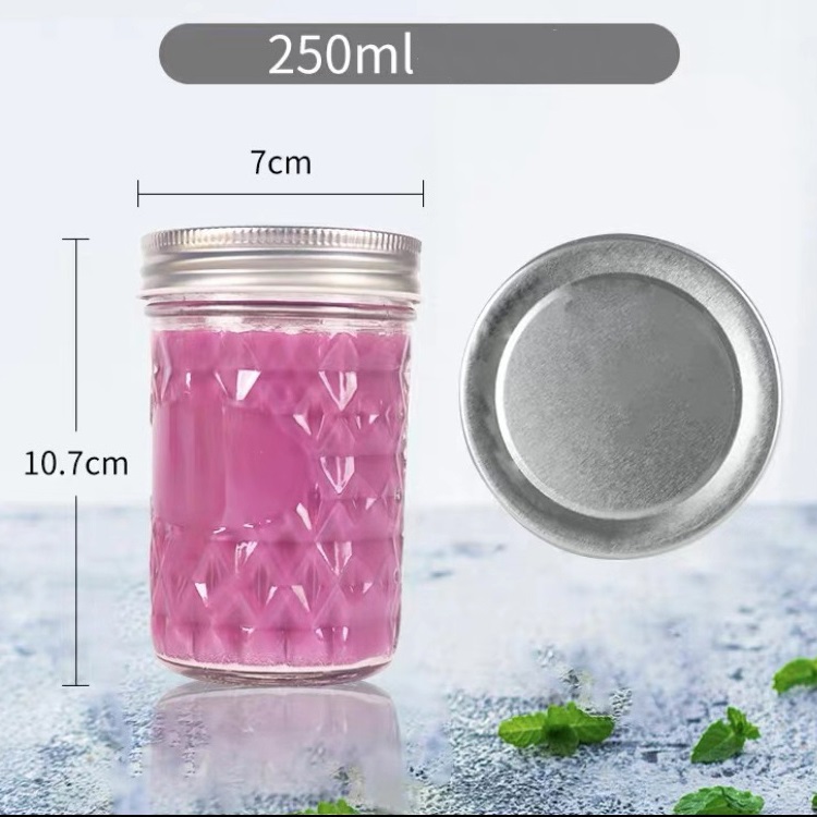 8oz diamond embossing wide mouth glass jam jar with metal lid