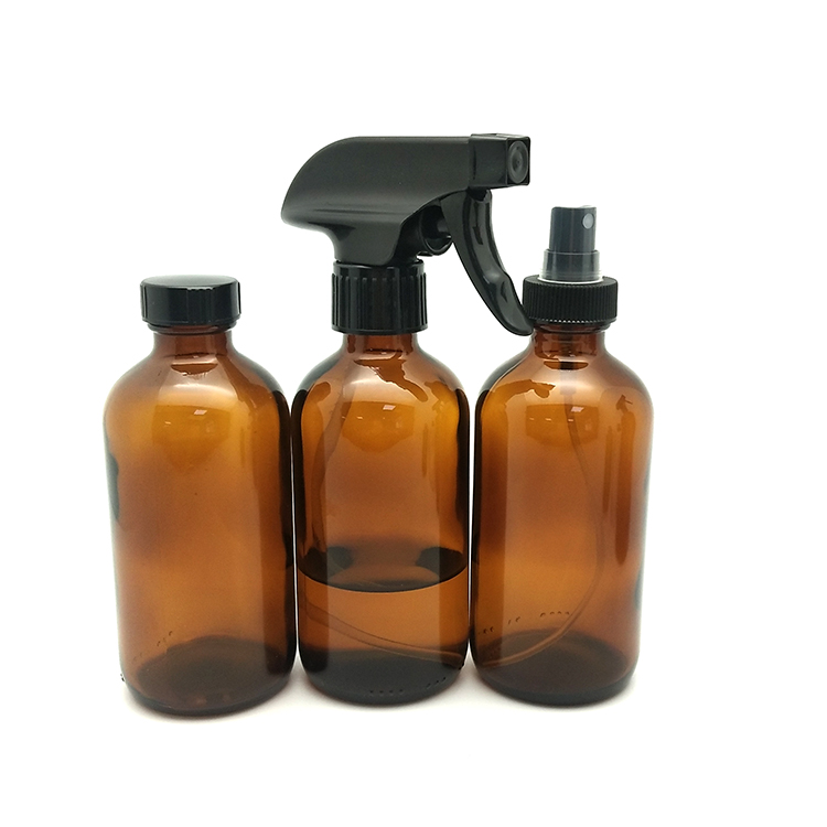 8oz empty amber clear blue chemical boston glass bottle with 28/400 black mist spray pump