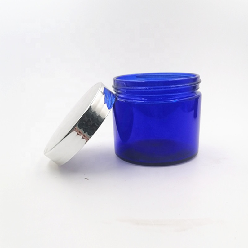 8oz glossy blue weeds herbs glass jar face cream bottle hot customize metalized cap Alu lid spray 3oz metal storage silver gold