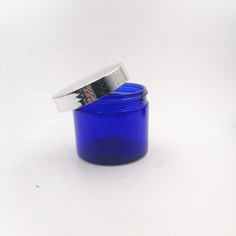 8oz glossy blue weeds herbs glass jar face cream bottle hot customize metalized cap Alu lid spray 3oz metal storage silver gold