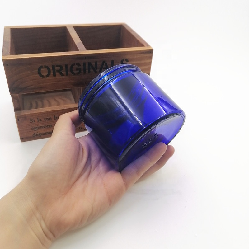8oz glossy blue weeds herbs glass jar face cream bottle hot customize metalized cap Alu lid spray 3oz metal storage silver gold
